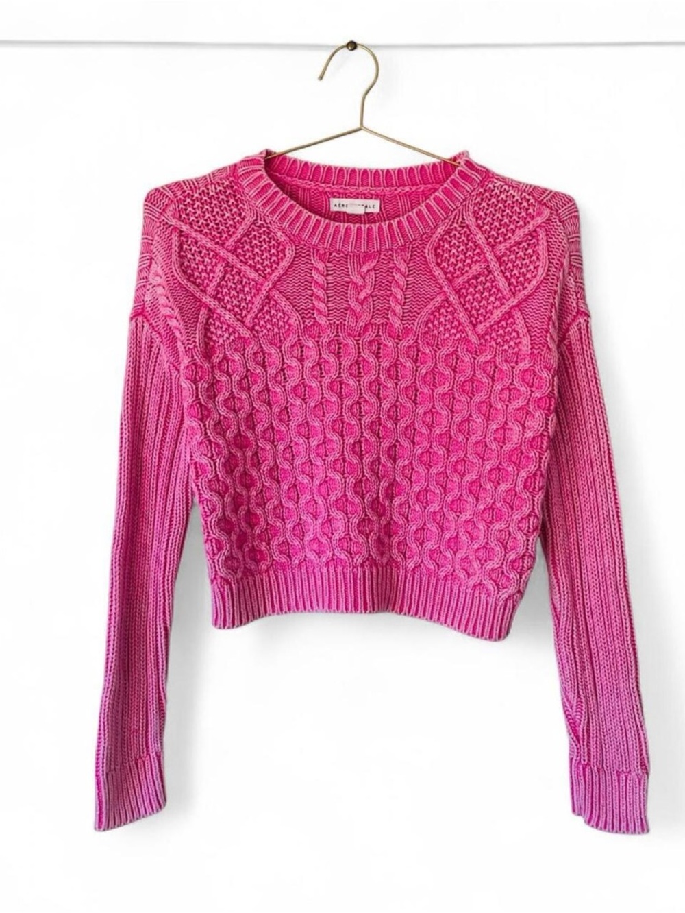Aeropostale Hot Pink Cable Knit Cropped Sweater – Chunky Y2K Cozy Knit (S)